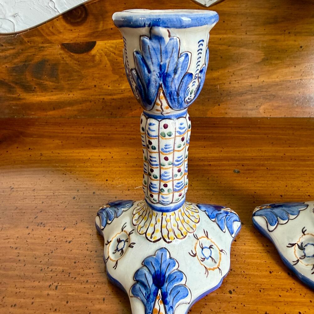 Vintage Delft Style Candlesticks Pair Blue White Hand Painted Dutch Farmhouse - Picture 2 of 9